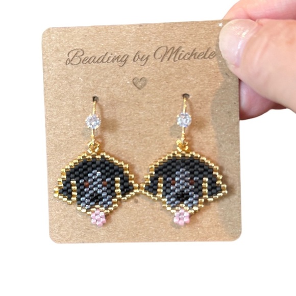 Handwoven Beaded Black Labrador Retriever Earrings Portrait Cute Dog Jewelry - Picture 4 of 4